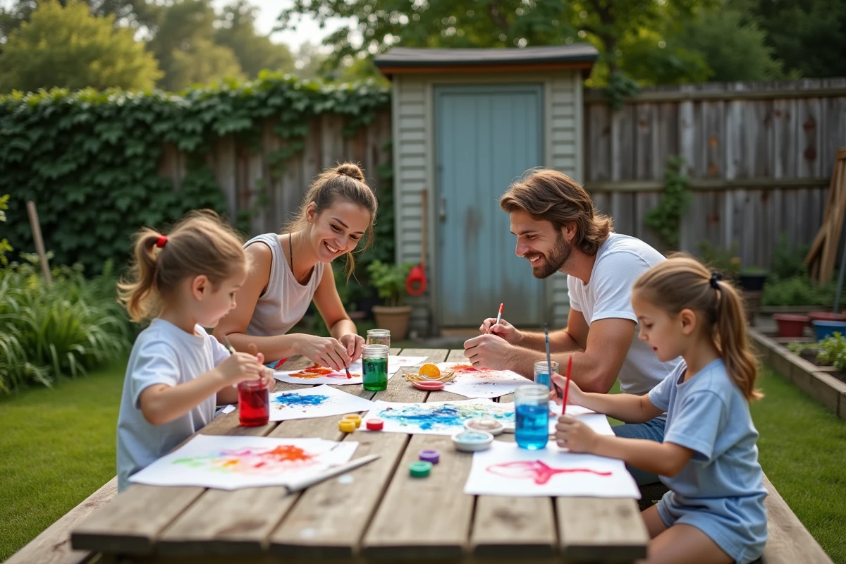 Famille réunie autour d'une table de jardin pour un atelier peinture aquarelle créatif en plein air