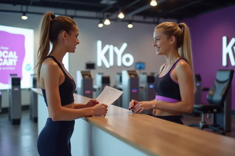 Adolescente s'inscrivant à un abonnement de salle de sport Basic Fit à l'accueil avec un membre du personnel