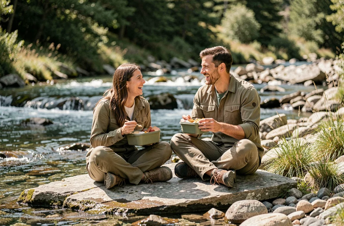 Deux amis faisant une pause repas au bord d'un ruisseau de montagne lors d'une activité nature en plein air, pique-nique en randonnée