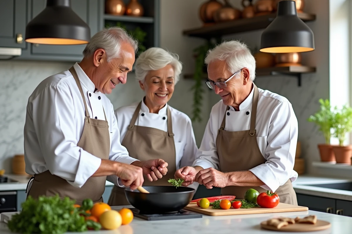 Chef à domicile animant un atelier cuisine avec un couple dans une cuisine moderne