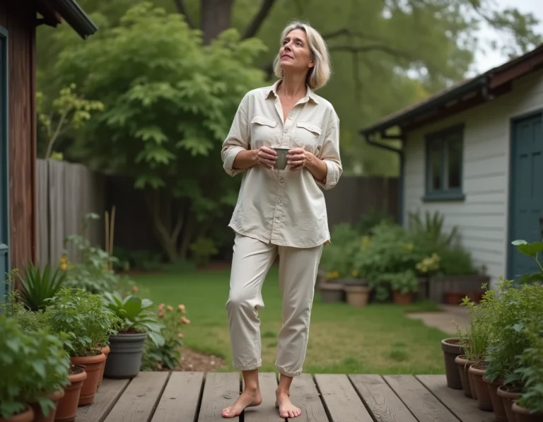 Femme sereine en lin tenant une tasse sur une terrasse en bois entourée de plantes, symbolisant le bien-être naturel au quotidien