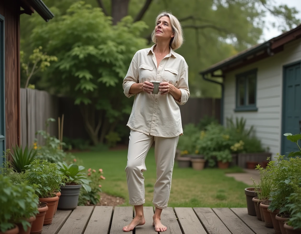 Femme sereine en lin tenant une tasse sur une terrasse en bois entourée de plantes, symbolisant le bien-être naturel au quotidien
