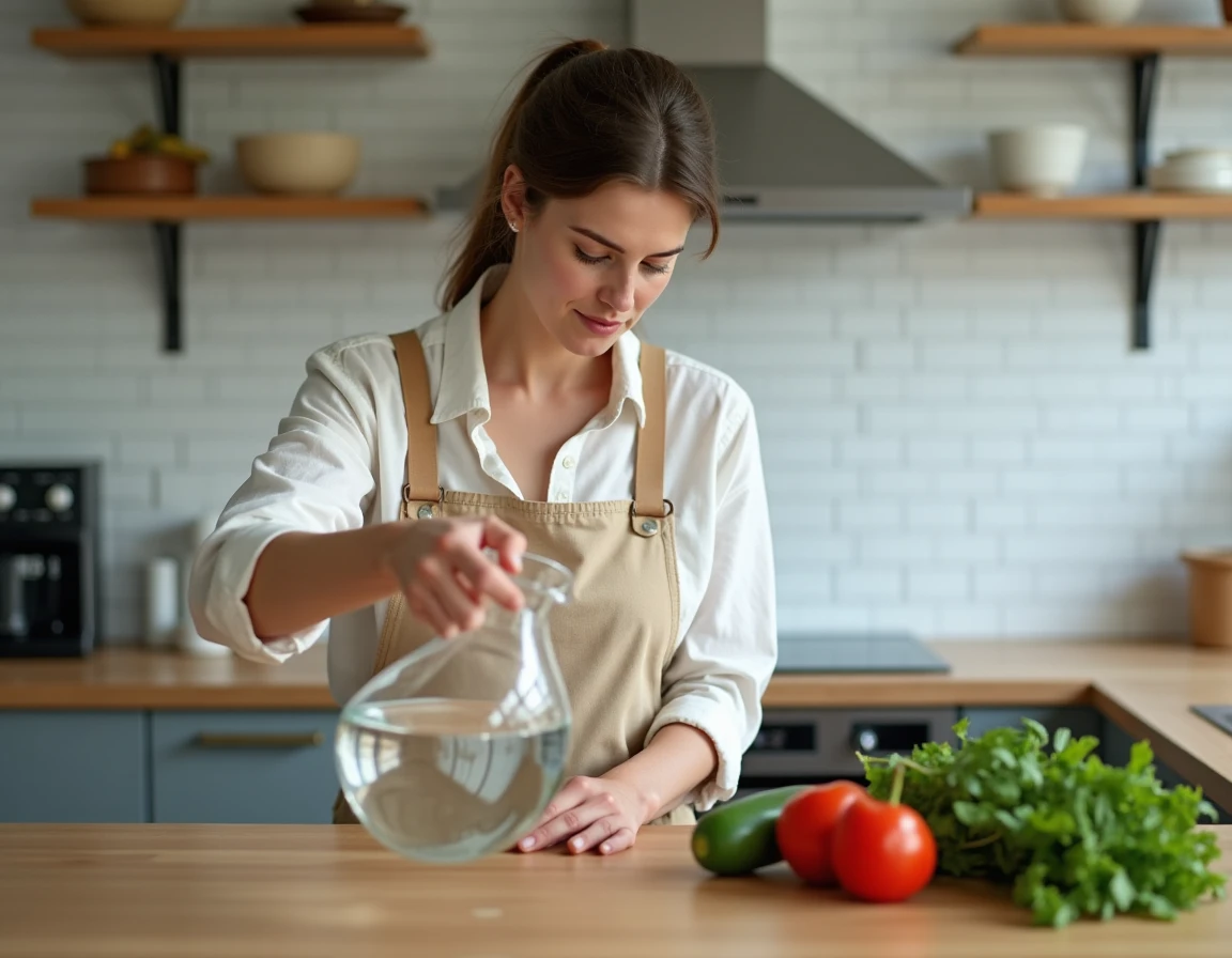 Femme versant un verre d'eau depuis une carafe en verre dans une cuisine lumineuse avant de ressentir la soif