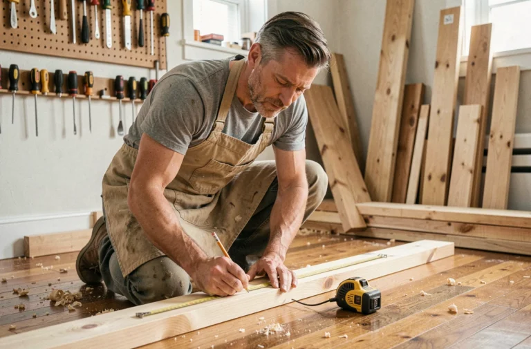 Homme bricoleur mesurant une planche en bois dans un atelier maison avec des outils accrochés au mur