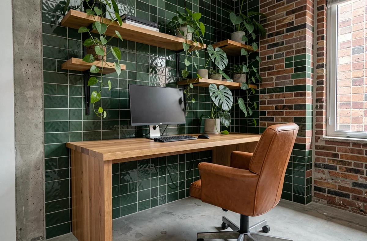 Bureau à domicile biophilique avec bureau en chêne massif, carrelage zellige vert foncé et plantes tropicales dans un appartement urbain