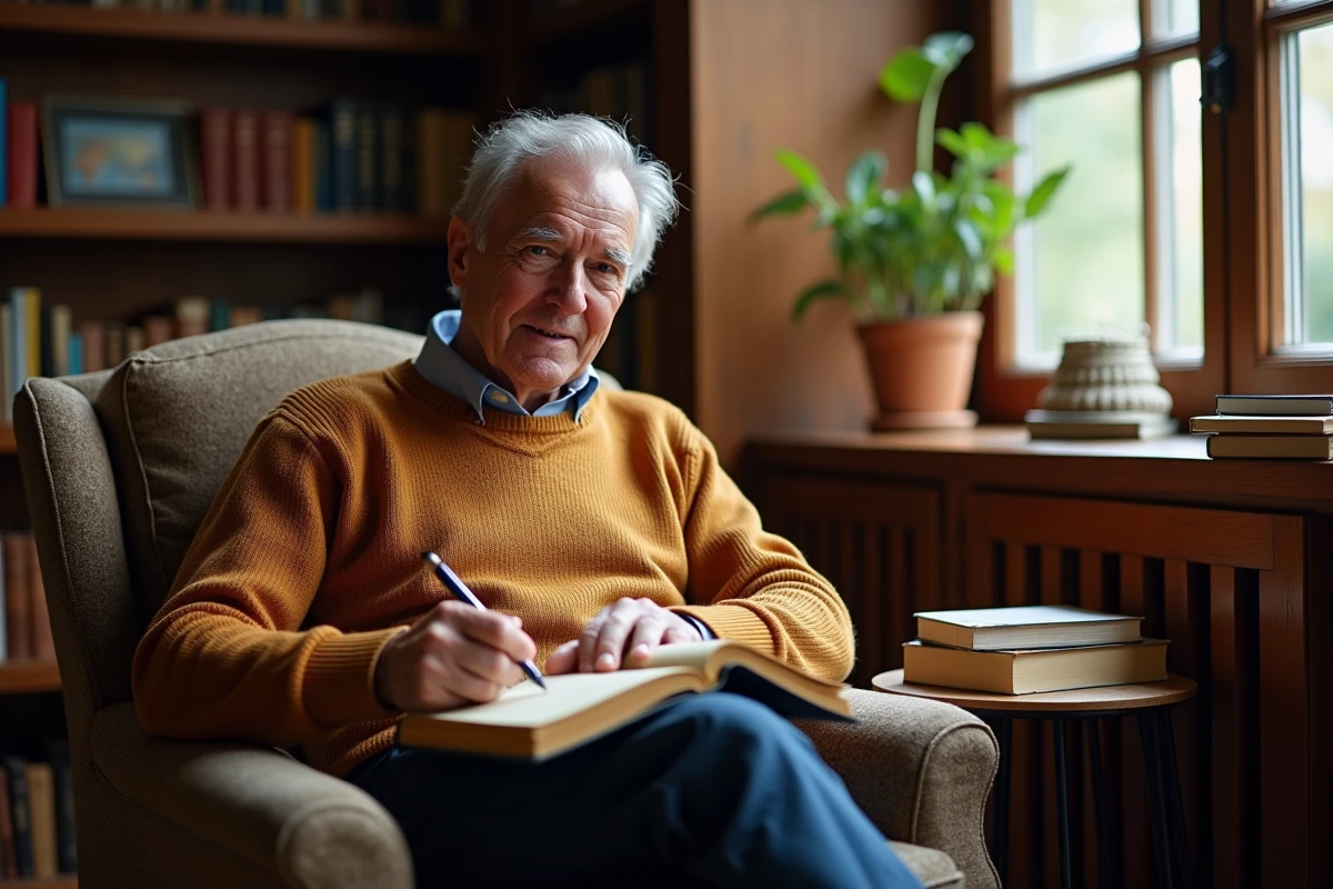 Homme de 60 ans écrivant dans un carnet de projets pour la prochaine décennie
