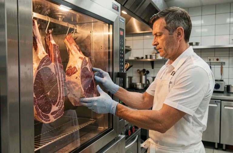 Cave de maturation à viande professionnelle avec des pièces de bœuf affinées suspendues, inspectée par un boucher expérimenté en cuisine commerciale