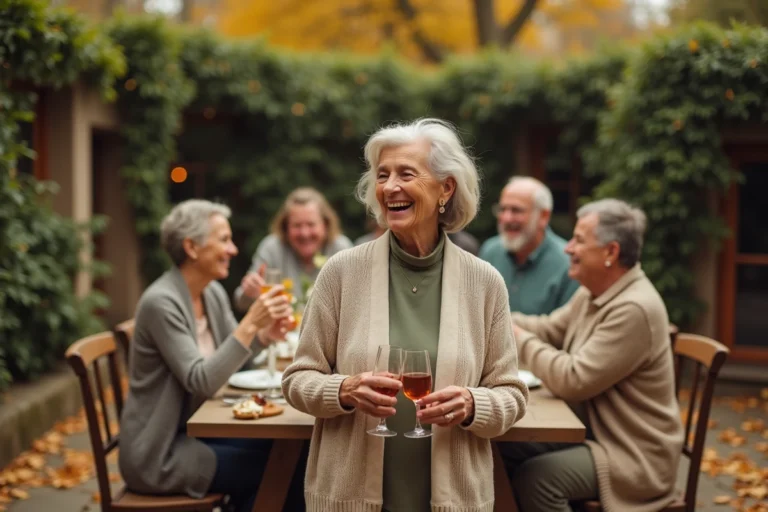 Femme de 60 ans entourée de sa famille dans un jardin festif pour célébrer ses 60 ans