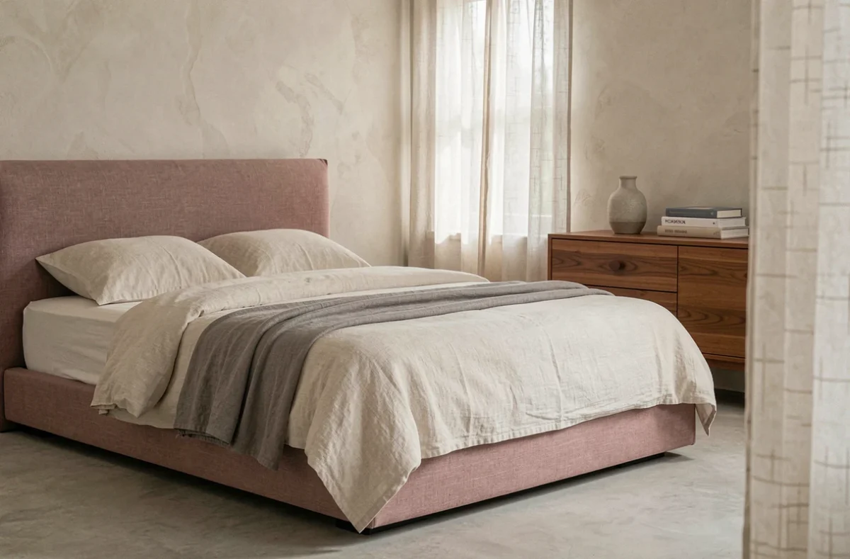 Chambre japandi apaisante avec lit bas en lin rose poussiéreux, murs en chaux argile et mobilier en noyer dans une ambiance épurée