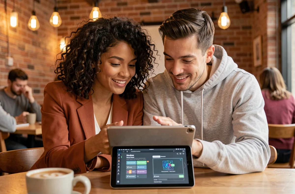 Deux collègues collaborant sur une interface numérique avec tablette dans un espace de coworking branché, symbolisant l'innovation technologique