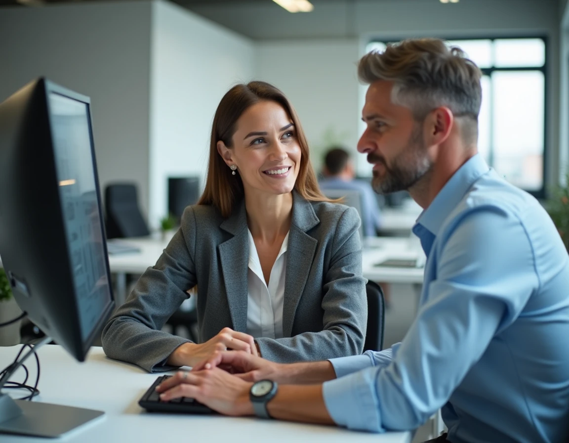 Deux collègues d'entreprise consultant un service numérique pour optimiser leurs démarches professionnelles