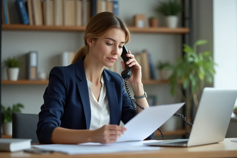 Femme au bureau contactant l'agence Famille SNCF par téléphone en consultant un document