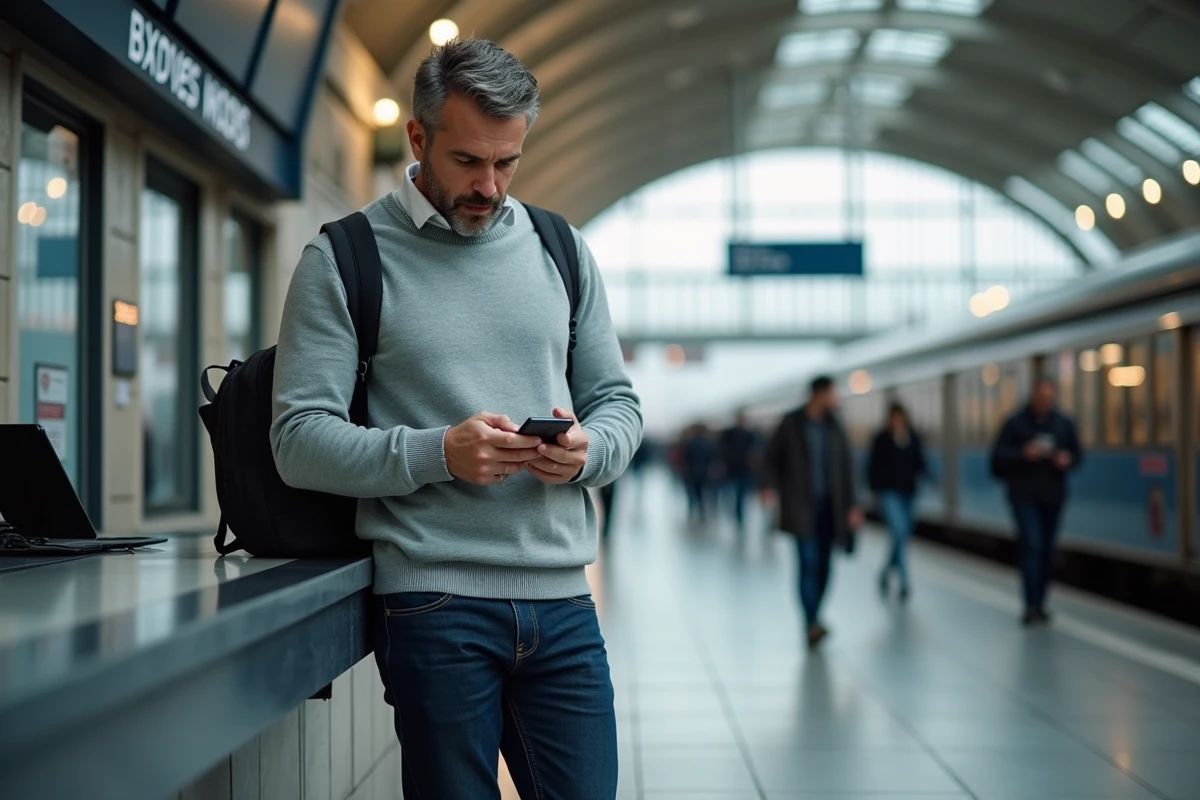 Homme utilisant son smartphone pour contacter la SNCF depuis le hall d'une gare française