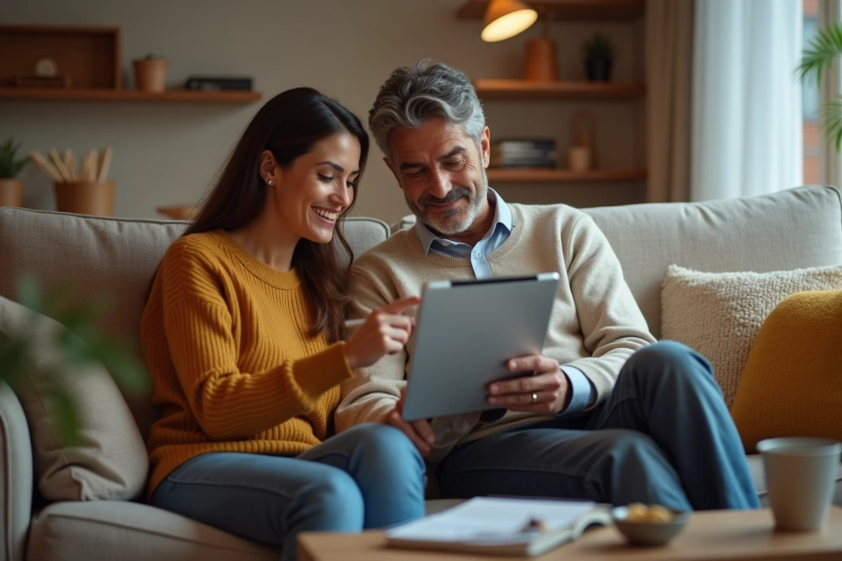 Couple consultant le site de l'agence Famille SNCF sur une tablette pour trouver les numéros de contact