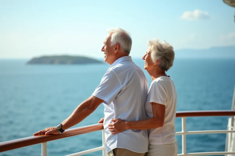 Couple senior regardant la mer depuis le pont du bateau