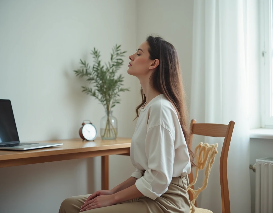 Femme assise les yeux fermés pratiquant une coupure respiratoire de cinq minutes dans un bureau minimaliste