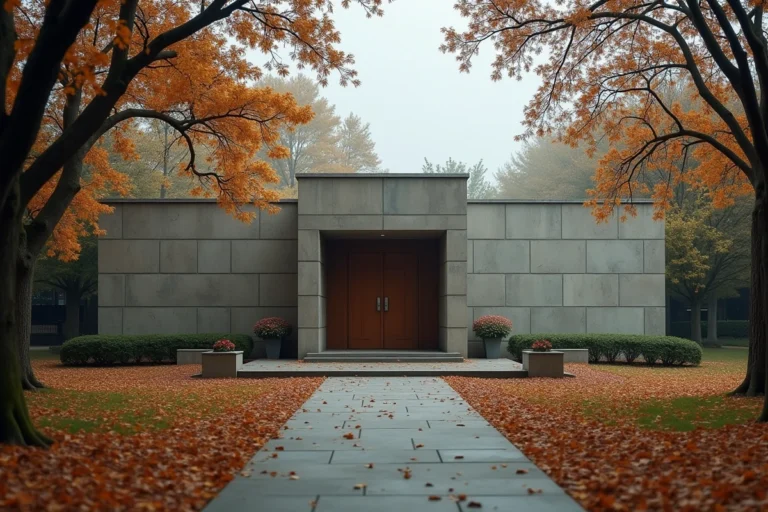 Extérieur d'un crématorium moderne entouré d'arbres en automne, architecture sobre en béton et pierre