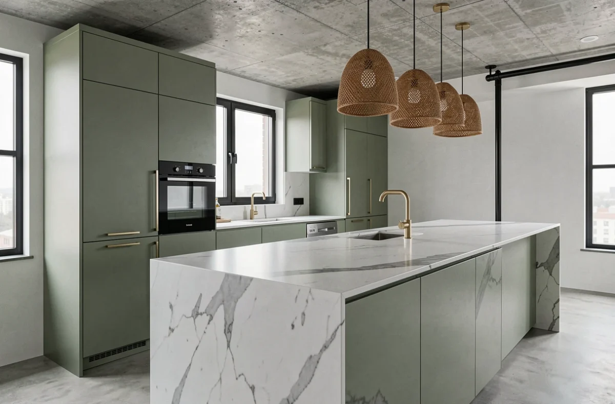 Cuisine minimaliste scandinave avec façades vert sauge, îlot en marbre blanc de Carrare et suspension en rotin dans un loft contemporain