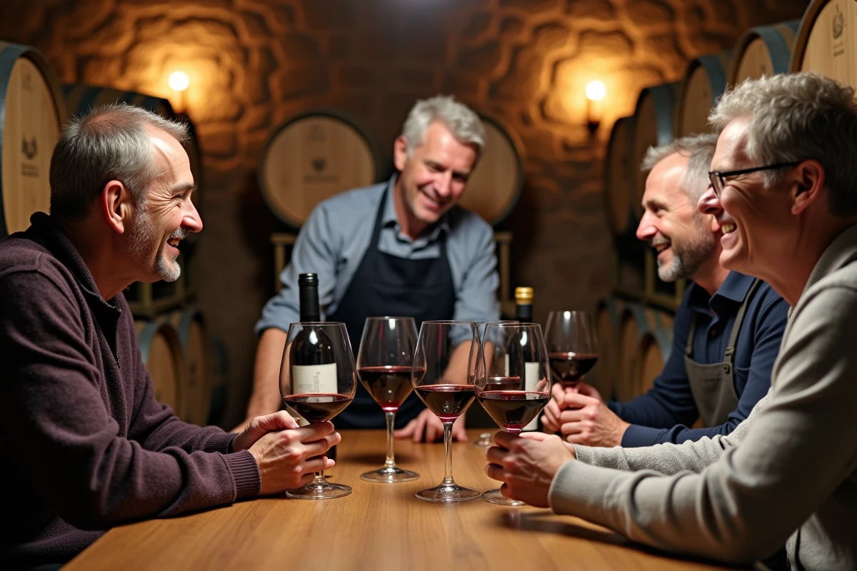 Trois adultes réalisant une dégustation de vins dans une cave en pierre avec un sommelier