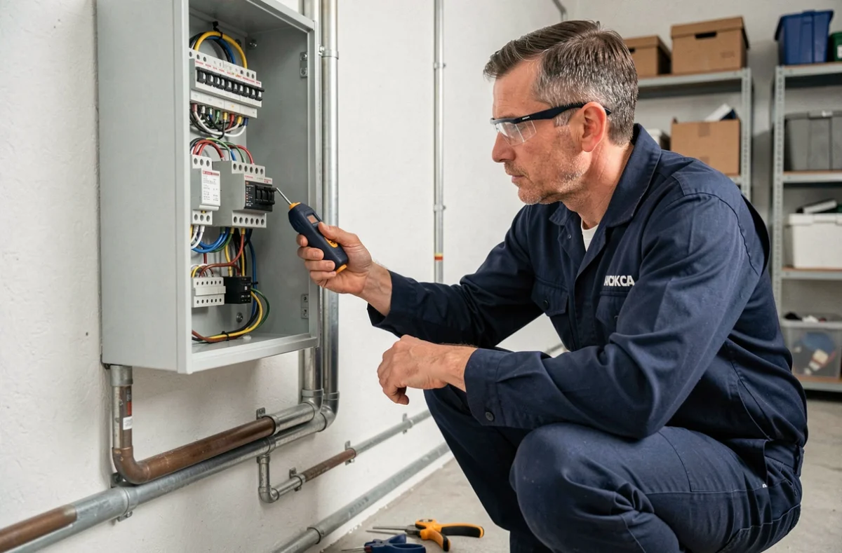 Électricien professionnel inspectant un tableau électrique résidentiel avec un testeur de tension