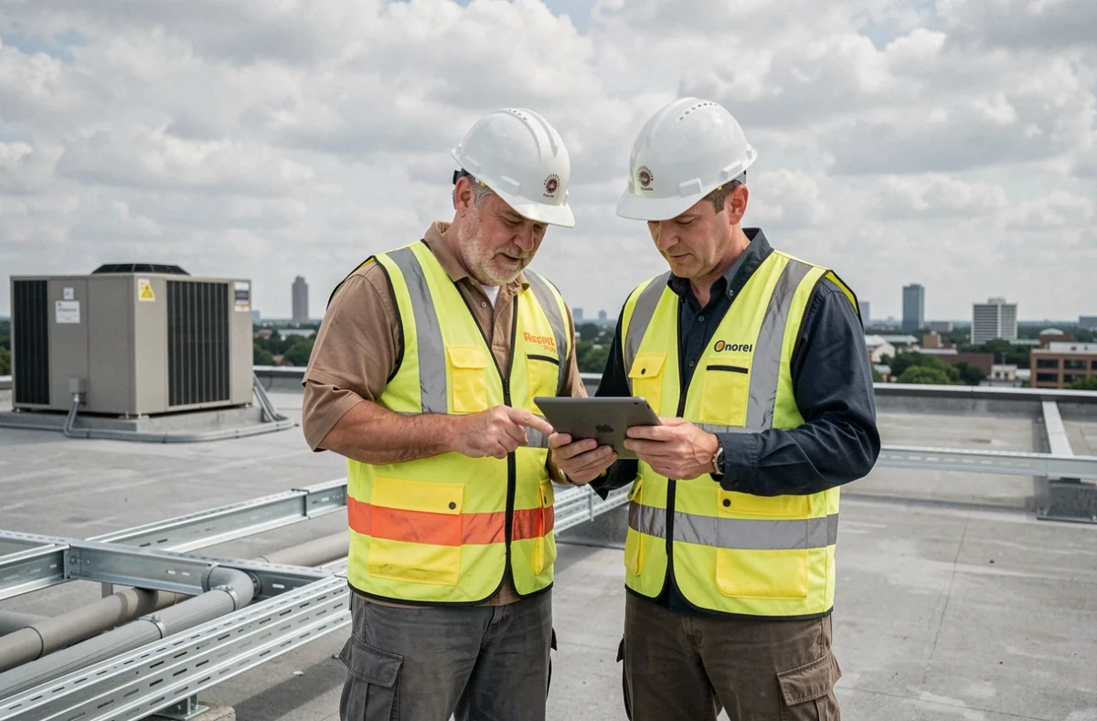 Deux électriciens professionnels consultant des plans techniques sur une tablette sur un chantier en toiture