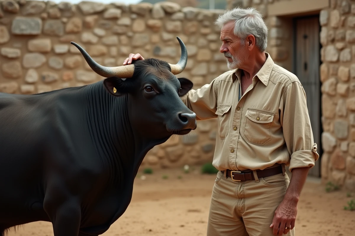 Éleveur espagnol vieillissant aux côtés d'un taureau noir rescapé dans un enclos en pierre rustique, geste de complicité entre l'homme et l'animal