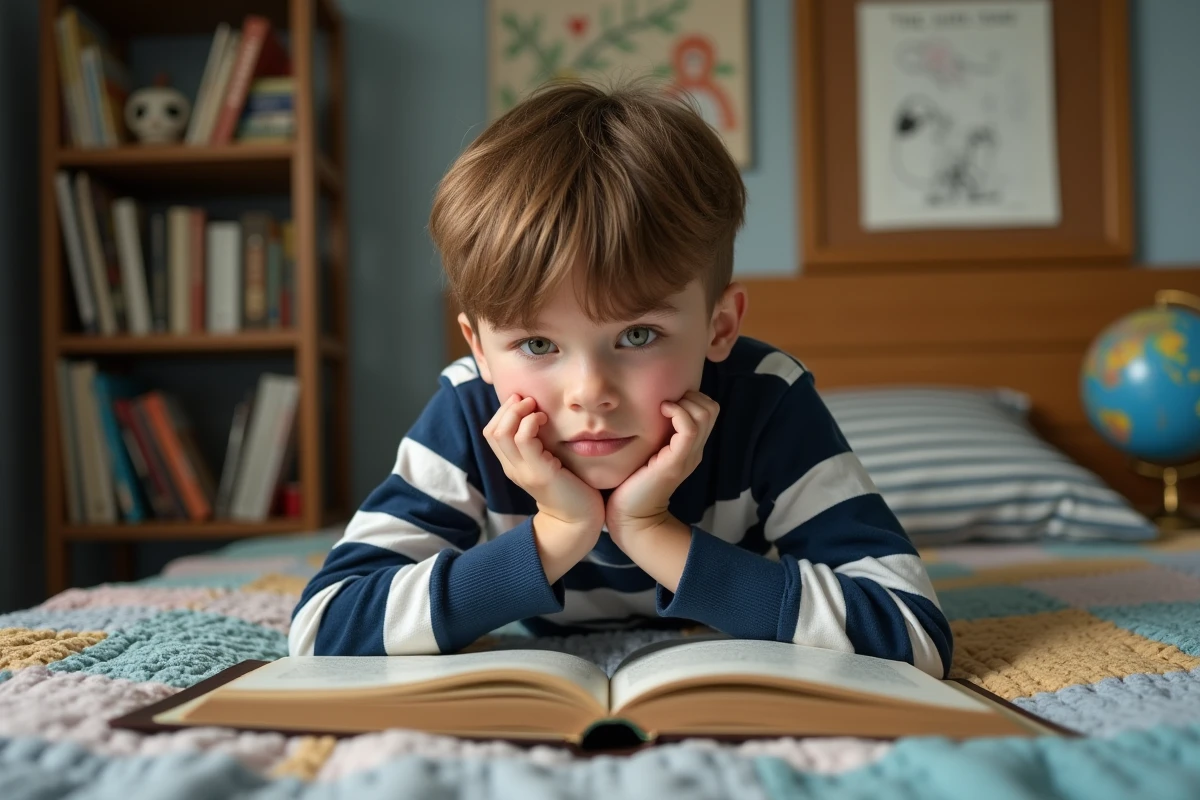 Garçon d'une dizaine d'années allongé sur son lit lisant un roman illustré jeunesse dans sa chambre décorée de livres et d'objets personnels