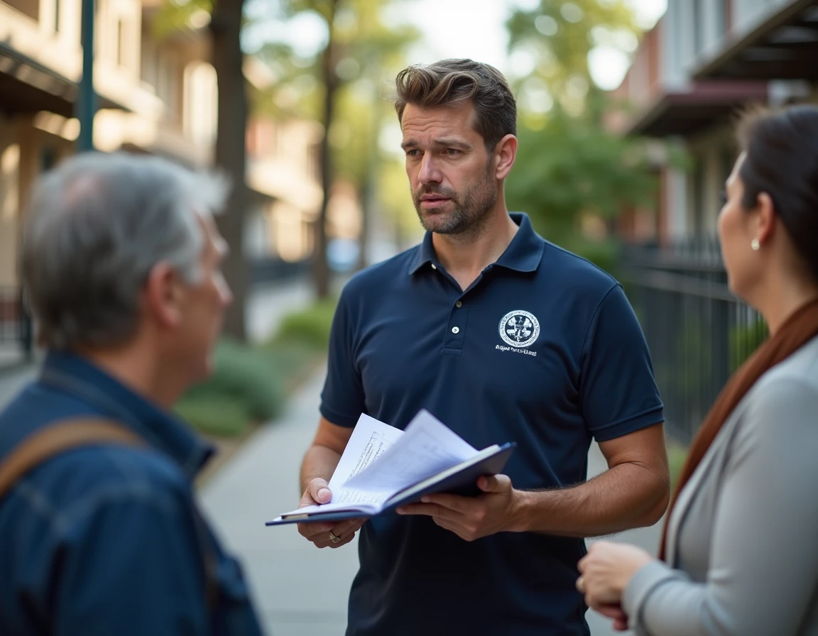 Agent de santé publique menant une enquête de terrain auprès d'habitants d'un quartier urbain