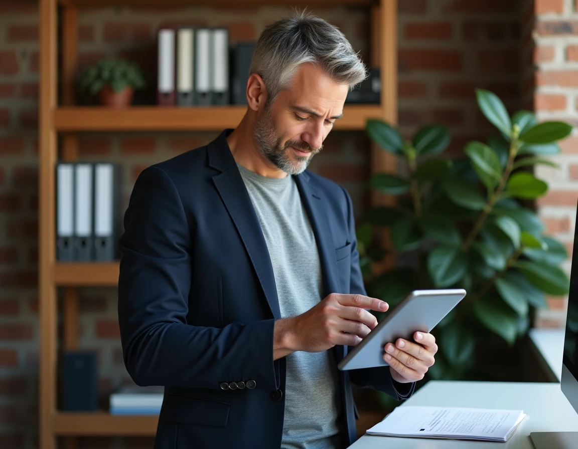 Chef d'entreprise gérant ses démarches administratives en ligne depuis un bureau à domicile