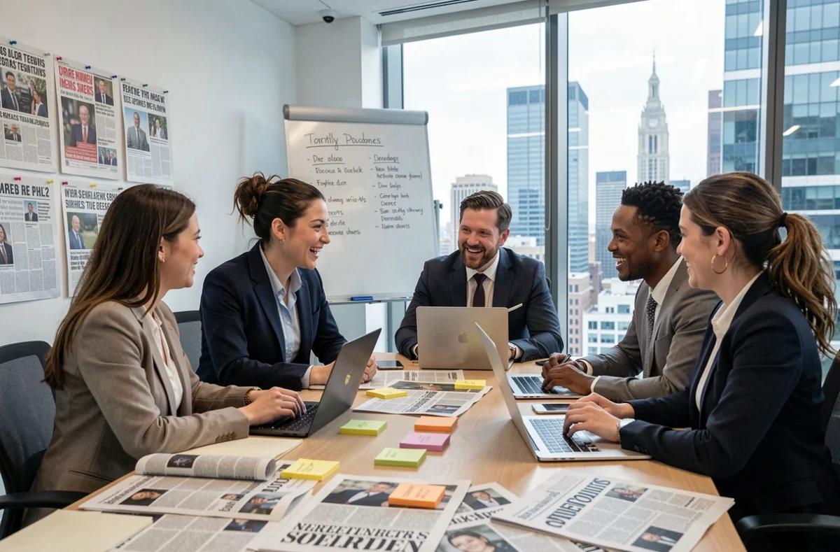 Équipe de journalistes discutant d'une revue de presse autour d'une table de réunion avec articles imprimés et ordinateurs portables