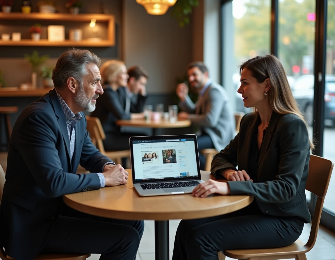 Deux professionnels en désaccord autour d'un ordinateur dans un café, illustrant les erreurs de communication sur les plateformes de mise en relation