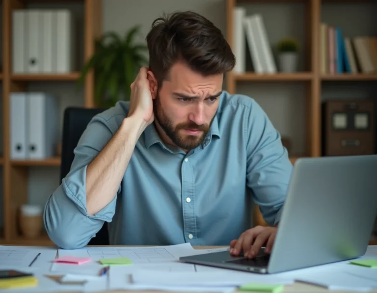 Homme professionnel frustré devant son ordinateur portable, illustrant les erreurs fréquentes sur les plateformes de mise en relation
