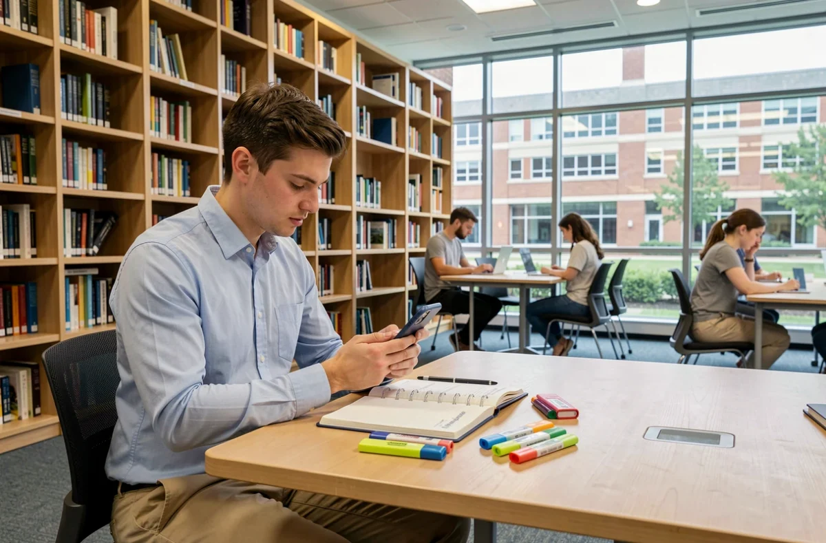 Étudiant consultant une application de recherche d'emploi sur son smartphone dans une bibliothèque universitaire moderne