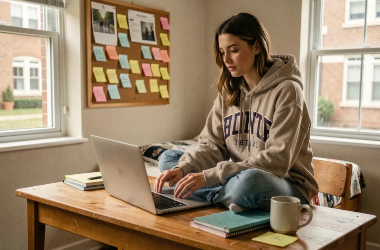 Étudiante cherchant des offres d'emploi adaptées aux étudiants sur son ordinateur portable dans sa chambre universitaire
