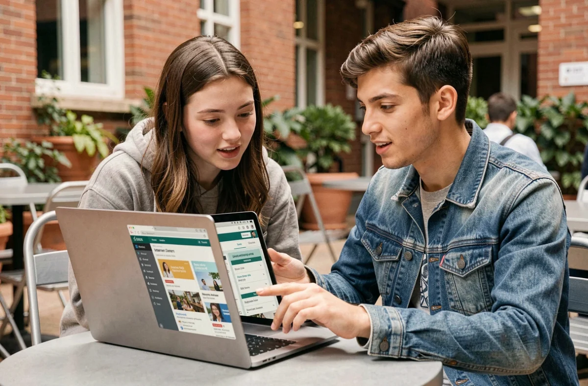 Deux étudiants collaborant sur des offres d'emploi étudiantes sur un ordinateur portable en terrasse de café universitaire