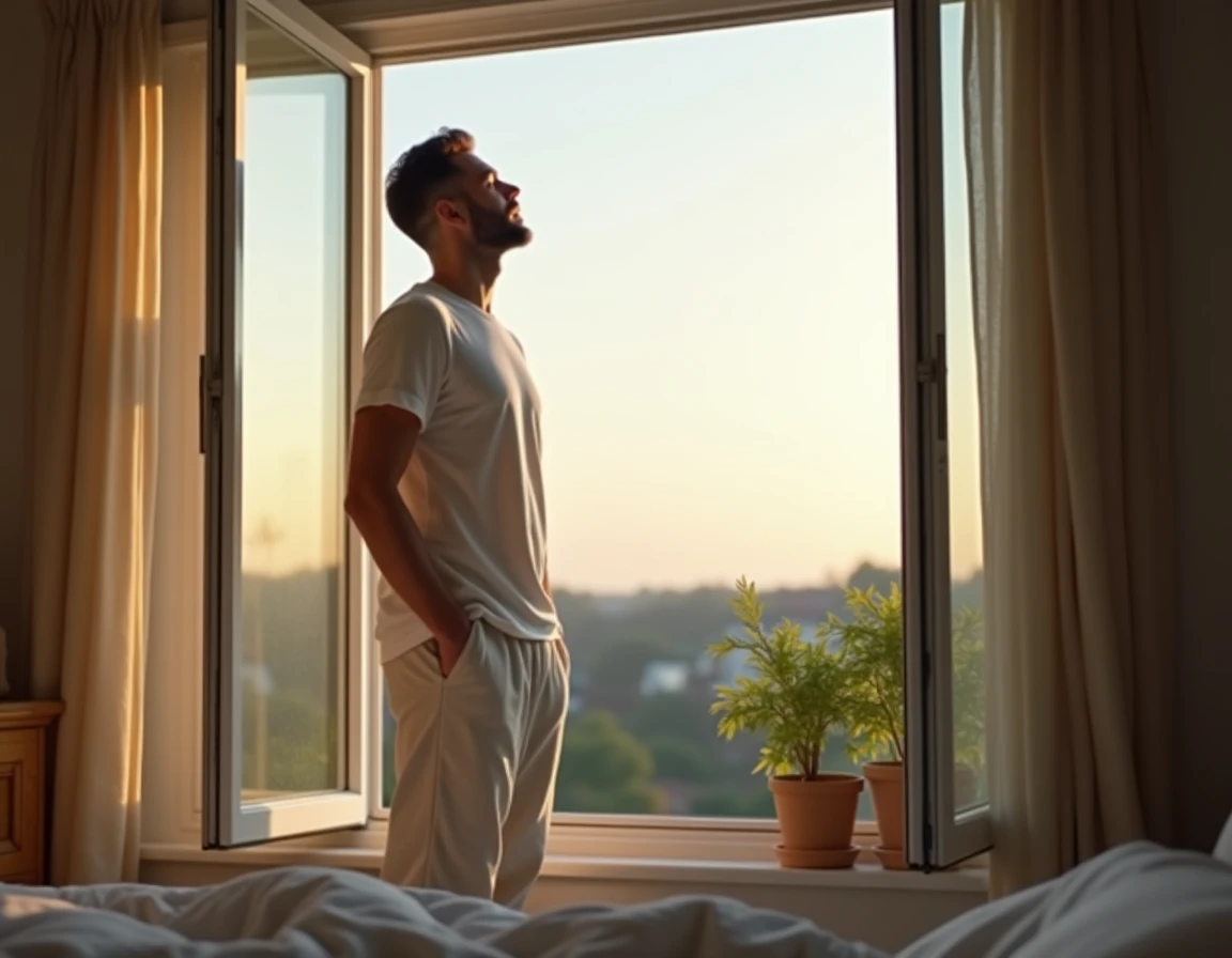 Homme en pyjama s'exposant à la lumière naturelle du matin à une fenêtre ouverte dès le réveil