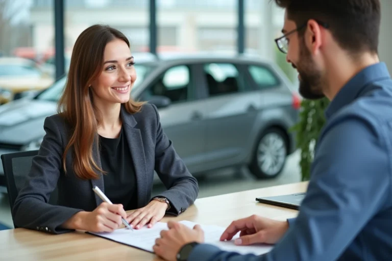 Femme signant achat voiture dans concession moderne