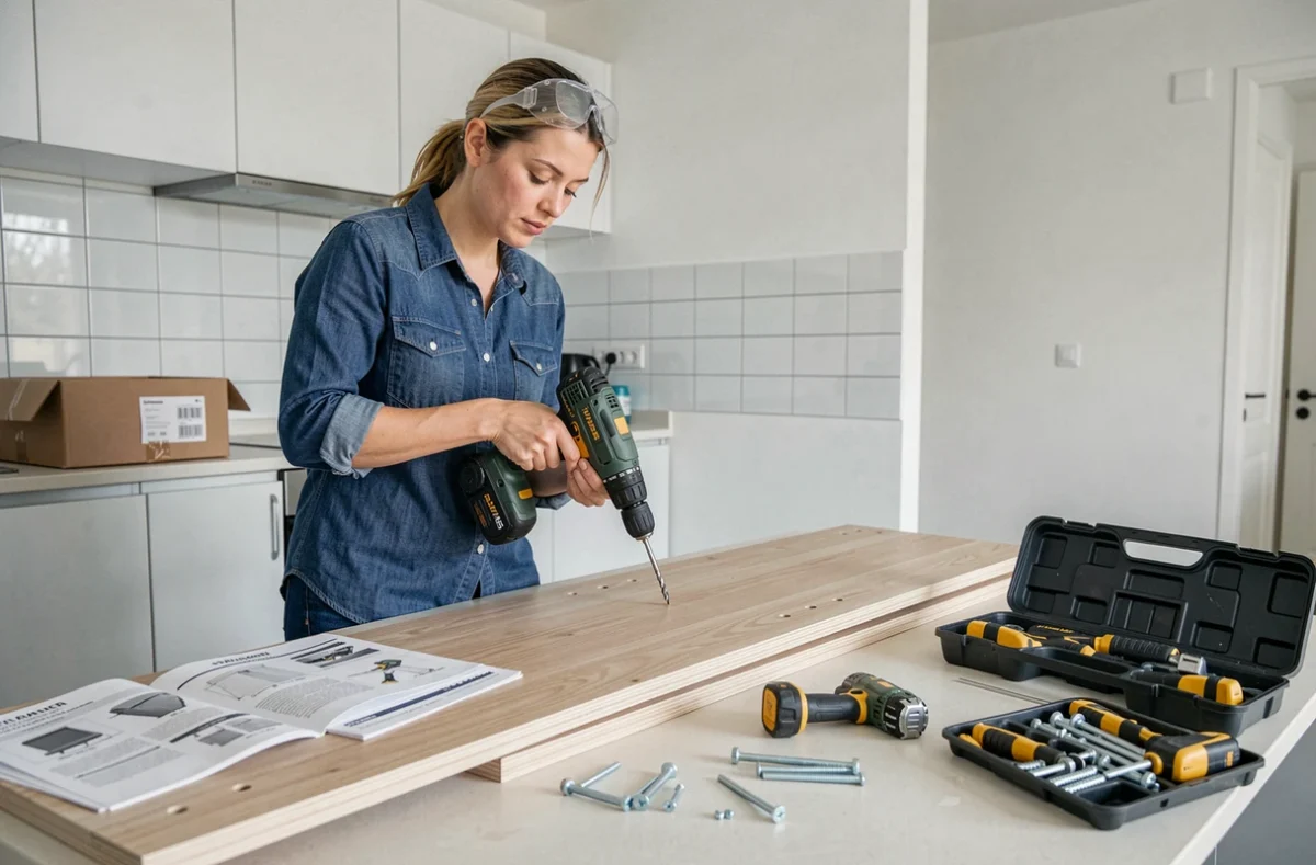 Femme assemblant des meubles avec une perceuse sans fil dans un appartement en cours de rénovation