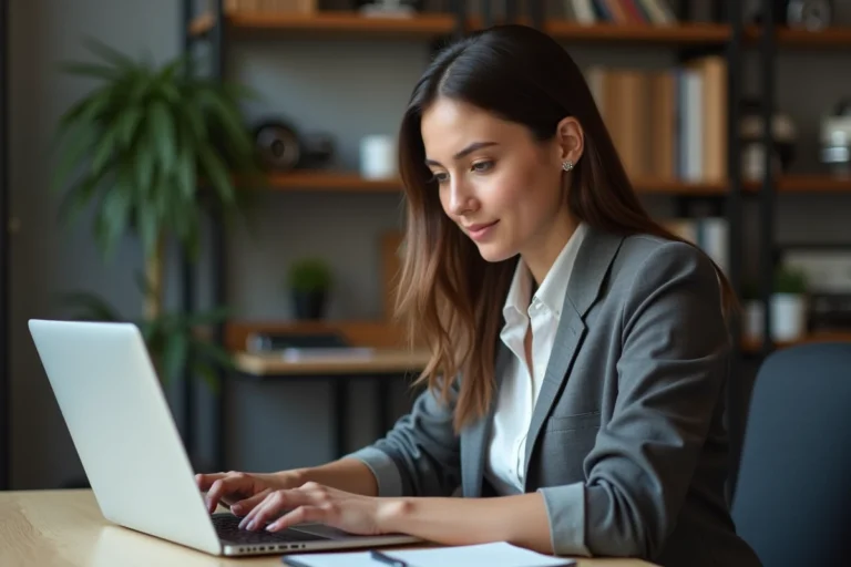 Jeune femme au bureau moderne consulte un site auto