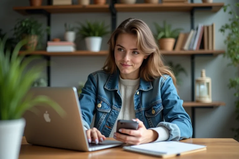 Jeune femme au bureau à domicile avec ordinateur et smartphone