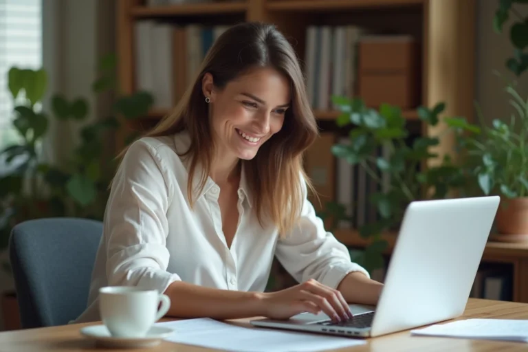 Femme dans son bureau à domicile utilisant un ordinateur portable