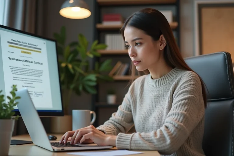 Femme regardant un certificat sur son ordinateur dans un bureau