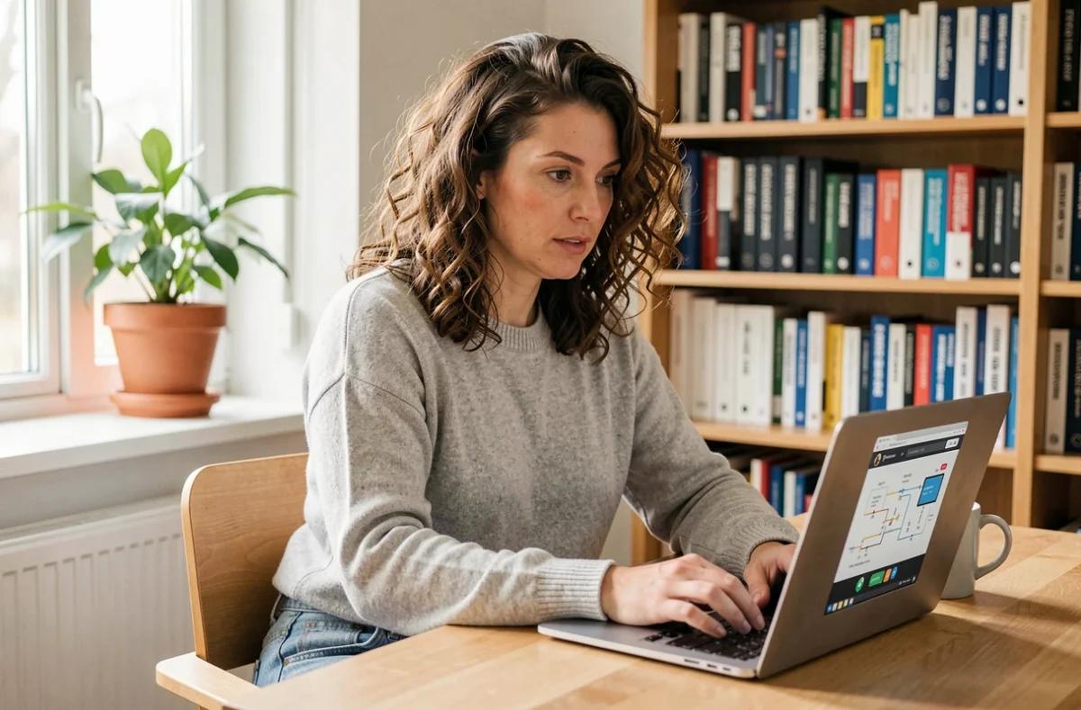 Femme consultant un site web dédié à l'électricité sur un ordinateur portable à domicile