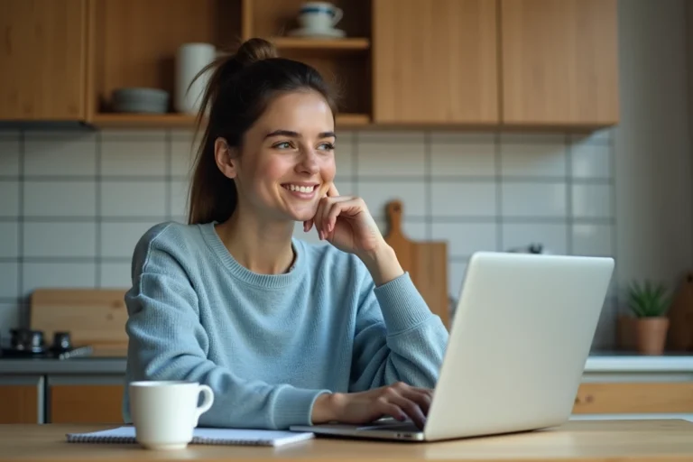 Jeune femme souriante à la maison avec ordinateur