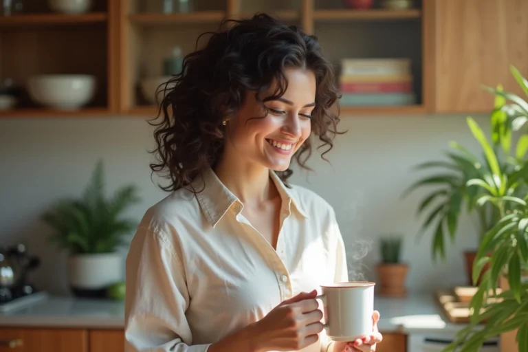 Femme souriante dans la cuisine lumineuse avec mug chaud