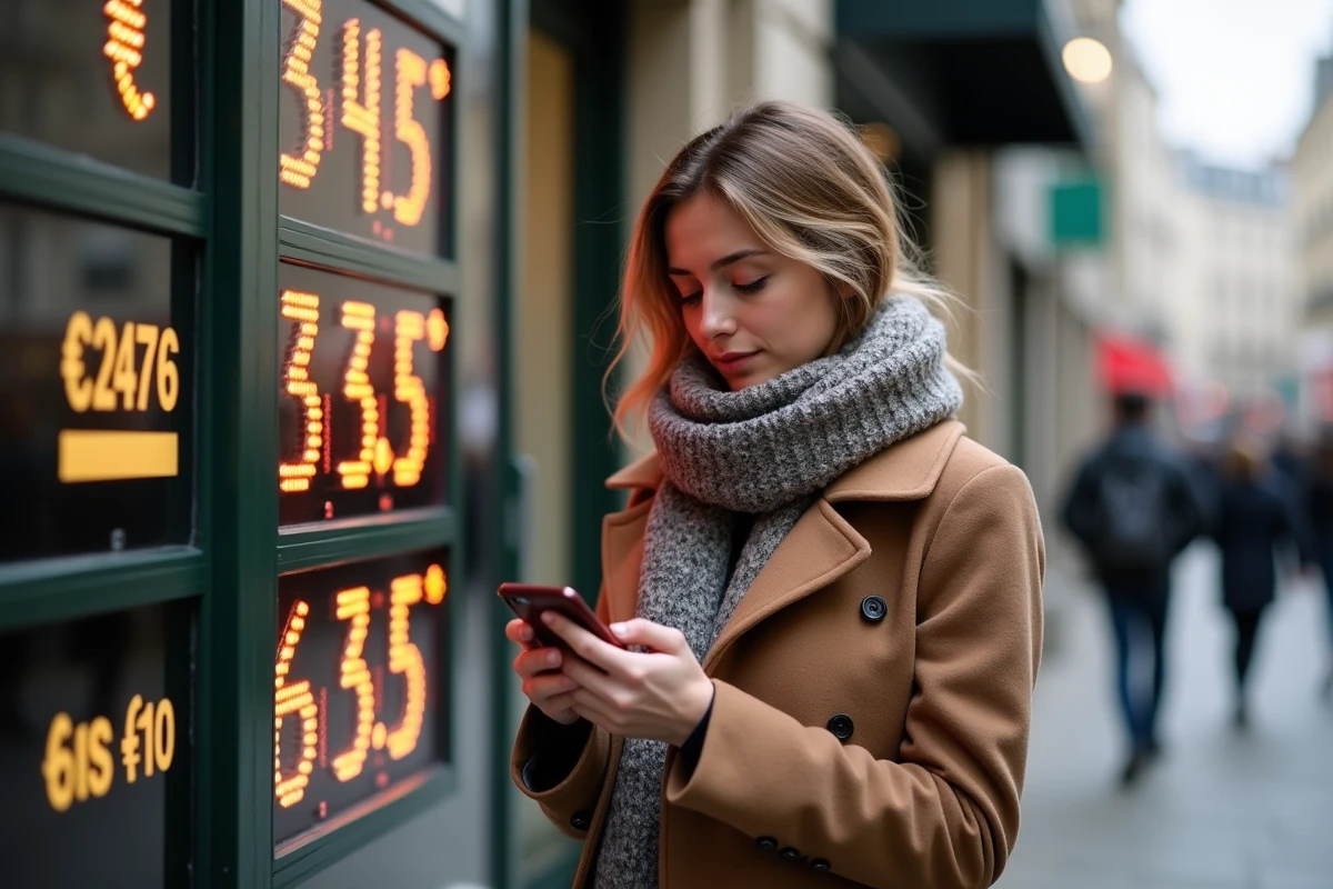 Jeune femme française regardant les taux de change euro dans la rue