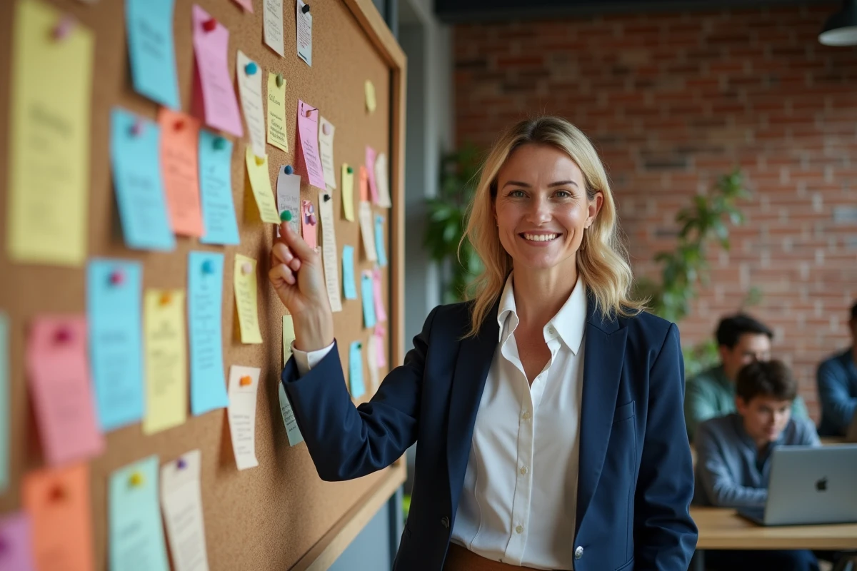 Femme confiante pinçant une note sur un tableau d