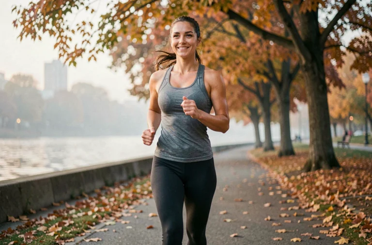 Femme qui fait du jogging dans un parc en automne, illustrant les bienfaits du sport pour une vie équilibrée