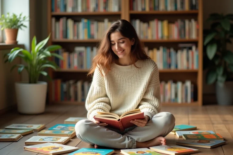 Jeune femme assise parmi des livres jeunesse colorés dans une librairie indépendante, tenant un album illustré ouvert avec une expression de plaisir de lire