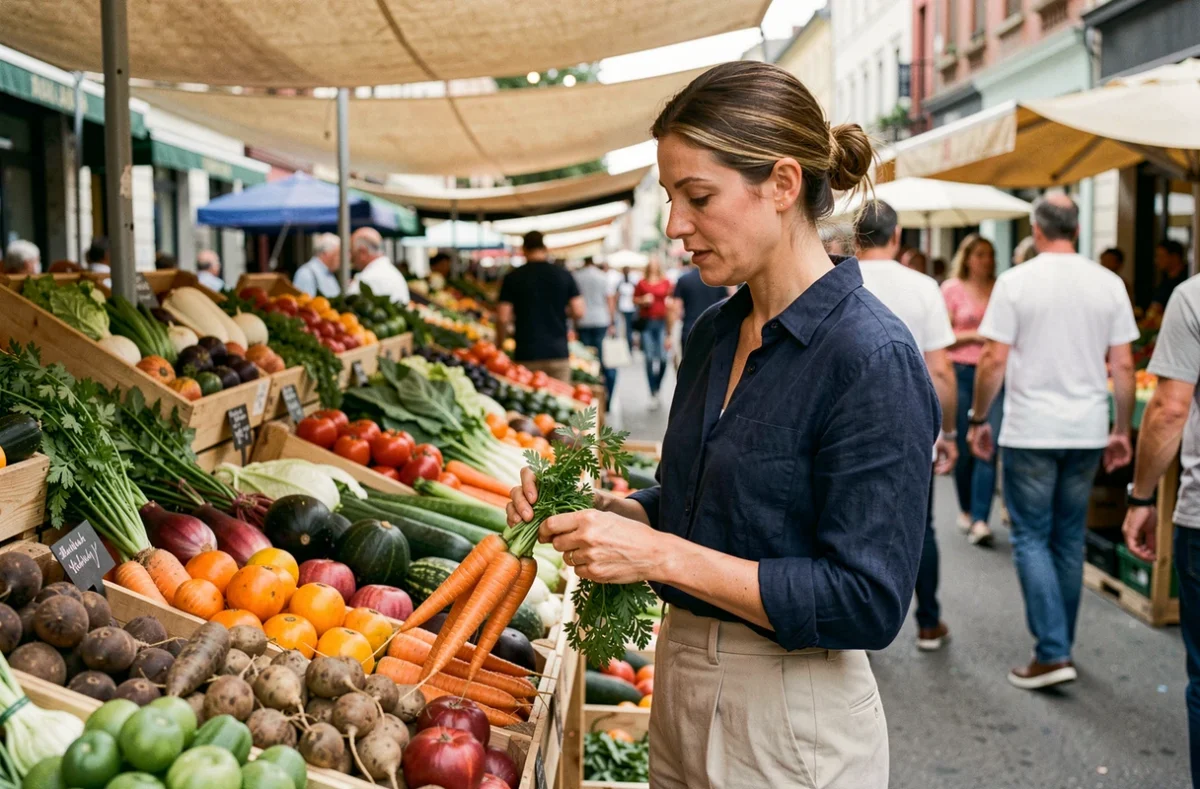 Femme choisissant des légumes frais sur un marché en plein air pour adopter une alimentation saine et perdre du poids naturellement